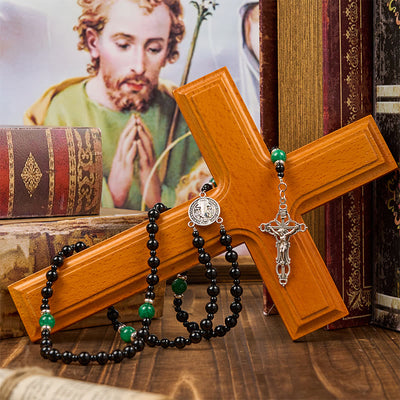 Christianartworkshop St. Benedict & Crucifix of 8mm Obsidian & Jade Handmade Bead Rosary - Faith and Sacred Connection