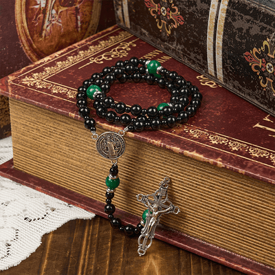 Christianartworkshop St. Benedict & Crucifix of 8mm Obsidian & Jade Handmade Bead Rosary - Faith and Sacred Connection