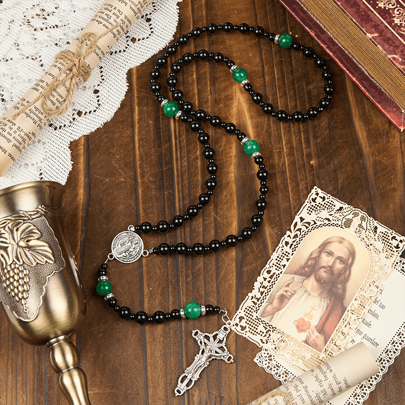 Christianartworkshop St. Benedict & Crucifix of 8mm Obsidian & Jade Handmade Bead Rosary - Faith and Sacred Connection
