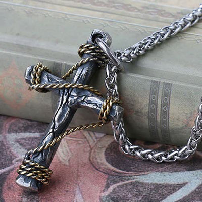 Christianartworkshop Exquisite 925 Sterling Silver and Brass Rope Forged Cross Necklace