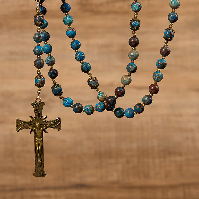 Christianartworkshop Blue Pattern Beads Handmade Rosary: Miraculous Medal & Crucifix of 8mm Authentic Larimar Stone