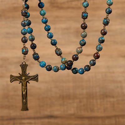 Christianartworkshop Blue Pattern Beads Handmade Rosary: Miraculous Medal & Crucifix of 8mm Authentic Larimar Stone