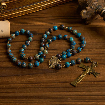 Christianartworkshop Blue Pattern Beads Handmade Rosary: Miraculous Medal & Crucifix of 8mm Authentic Larimar Stone