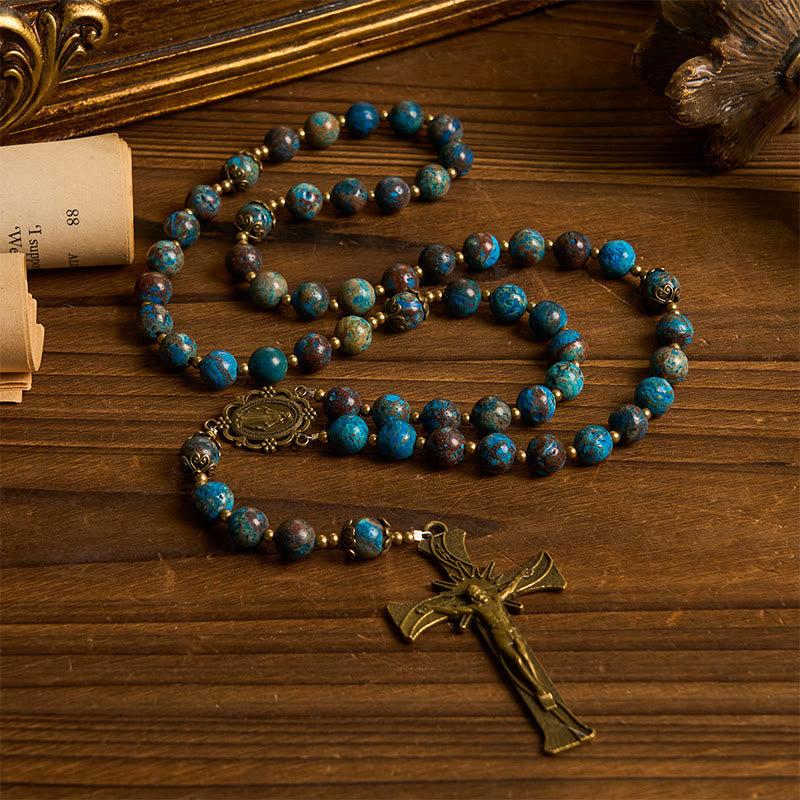 Christianartworkshop Blue Pattern Beads Handmade Rosary: Miraculous Medal & Crucifix of 8mm Authentic Larimar Stone