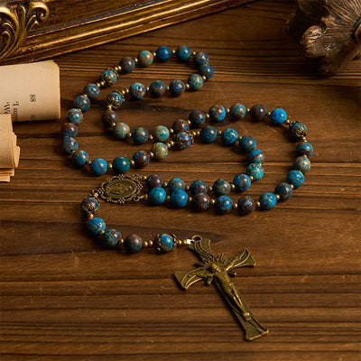 Christianartworkshop Blue Pattern Beads Handmade Rosary: Miraculous Medal & Crucifix of 8mm Authentic Larimar Stone