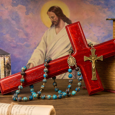 Christianartworkshop Blue Pattern Beads Handmade Rosary: Miraculous Medal & Crucifix of 8mm Authentic Larimar Stone