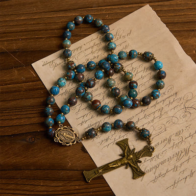 Christianartworkshop Blue Pattern Beads Handmade Rosary: Miraculous Medal & Crucifix of 8mm Authentic Larimar Stone