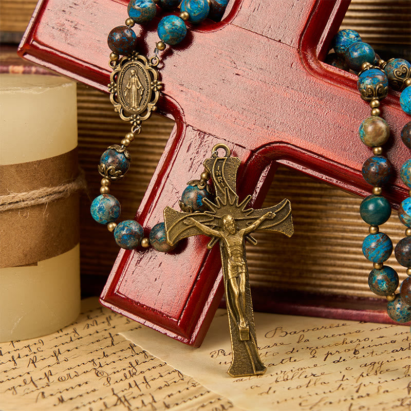 Christianartworkshop Blue Pattern Beads Handmade Rosary: Miraculous Medal & Crucifix of 8mm Authentic Larimar Stone