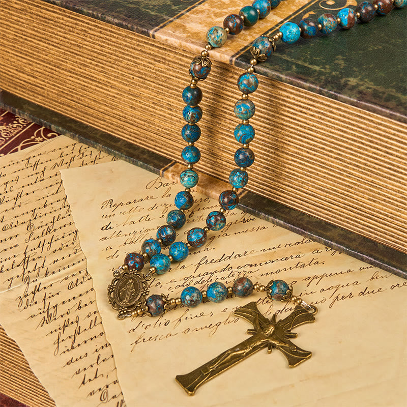 Christianartworkshop Blue Pattern Beads Handmade Rosary: Miraculous Medal & Crucifix of 8mm Authentic Larimar Stone