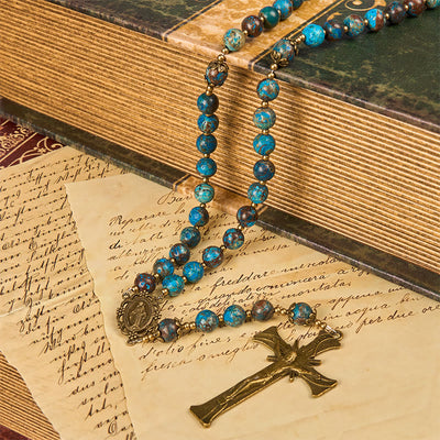Christianartworkshop Blue Pattern Beads Handmade Rosary: Miraculous Medal & Crucifix of 8mm Authentic Larimar Stone