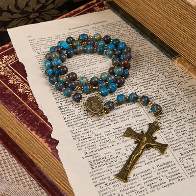 Christianartworkshop Blue Pattern Beads Handmade Rosary: Miraculous Medal & Crucifix of 8mm Authentic Larimar Stone