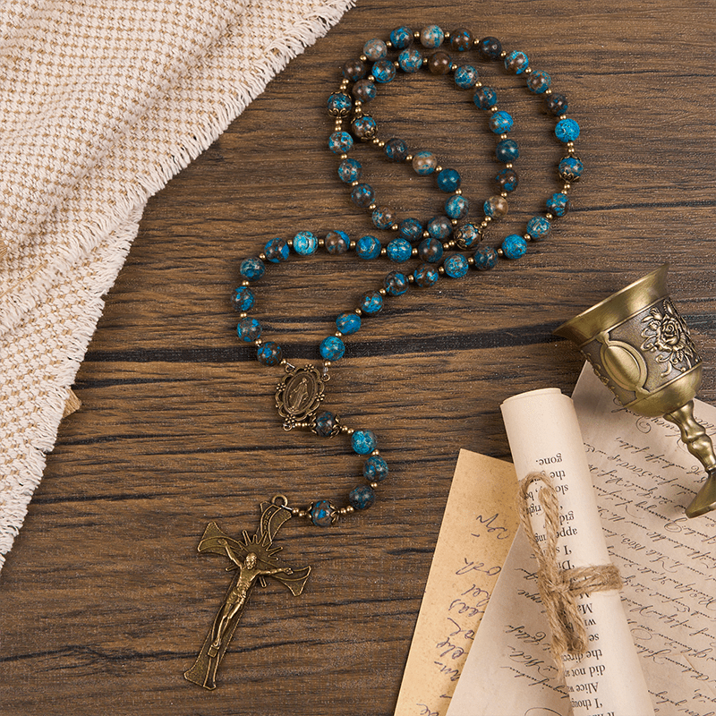 Christianartworkshop Blue Pattern Beads Handmade Rosary: Miraculous Medal & Crucifix of 8mm Authentic Larimar Stone