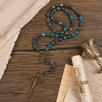 Christianartworkshop Blue Pattern Beads Handmade Rosary: Miraculous Medal & Crucifix of 8mm Authentic Larimar Stone