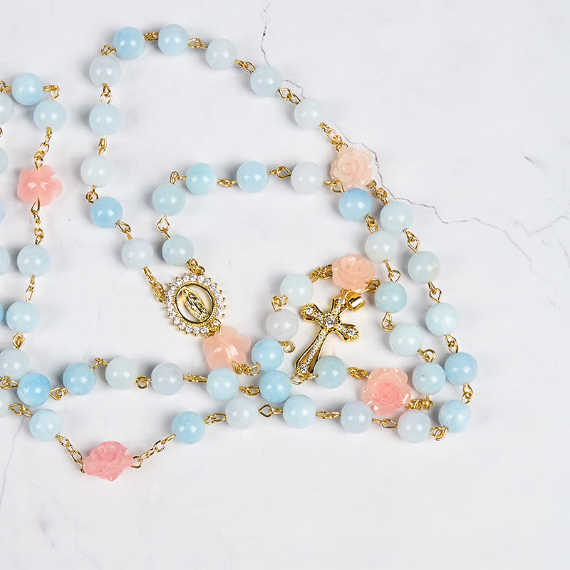 Christianartworkshop Our Lady of Guadalupe & Crucifix of 8mm Handmade Blue Aquamarine Chalcedony Beads Rosary