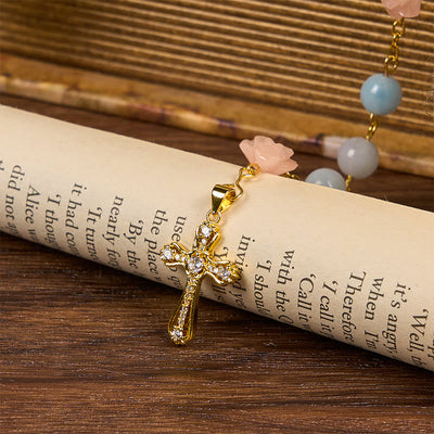 Christianartworkshop Our Lady of Guadalupe & Crucifix of 8mm Handmade Blue Aquamarine Chalcedony Beads Rosary