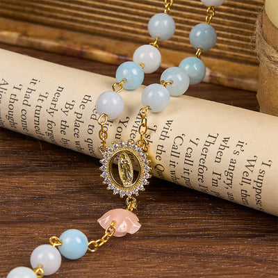 Christianartworkshop Our Lady of Guadalupe & Crucifix of 8mm Handmade Blue Aquamarine Chalcedony Beads Rosary