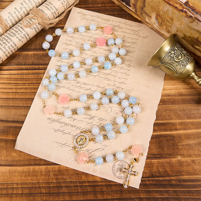 Christianartworkshop Our Lady of Guadalupe & Crucifix of 8mm Handmade Blue Aquamarine Chalcedony Beads Rosary