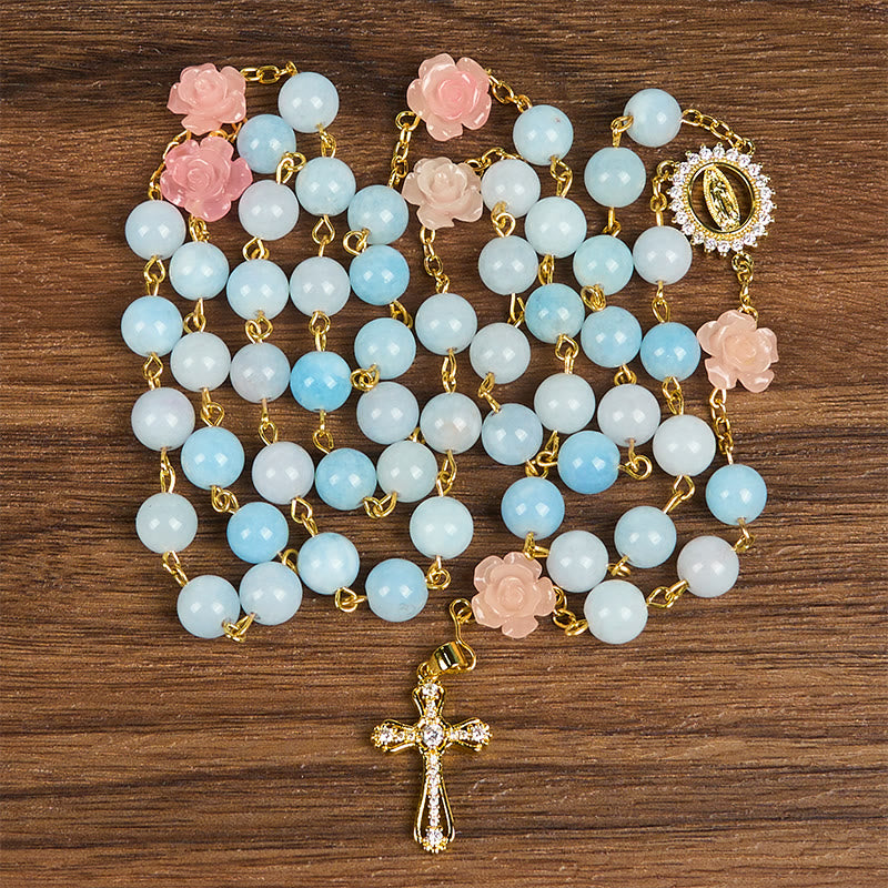 Christianartworkshop Our Lady of Guadalupe & Crucifix of 8mm Handmade Blue Aquamarine Chalcedony Beads Rosary