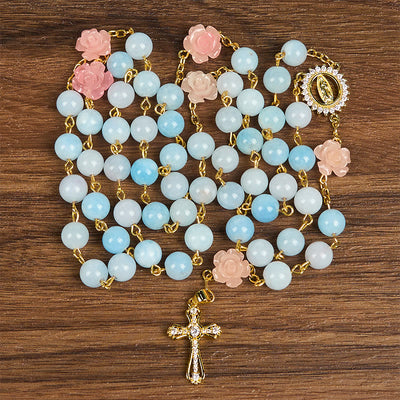 Christianartworkshop Our Lady of Guadalupe & Crucifix of 8mm Handmade Blue Aquamarine Chalcedony Beads Rosary