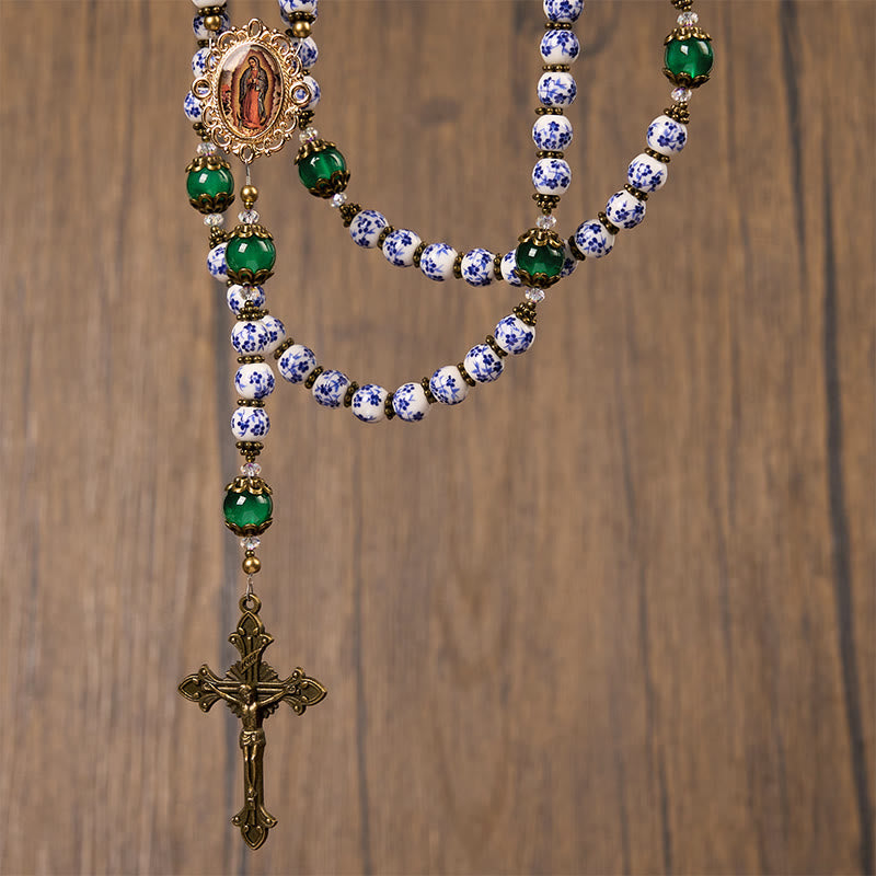 Christianartworkshop Divine Serenity Handmade Floral Rosary: Our Lady of Guadalupe & Crucifix of 8mm Ceramics&Jade