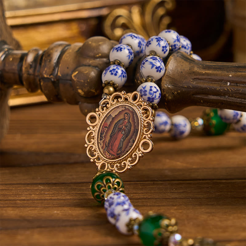 Christianartworkshop Divine Serenity Handmade Floral Rosary: Our Lady of Guadalupe & Crucifix of 8mm Ceramics&Jade