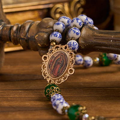 Christianartworkshop Divine Serenity Handmade Floral Rosary: Our Lady of Guadalupe & Crucifix of 8mm Ceramics&Jade