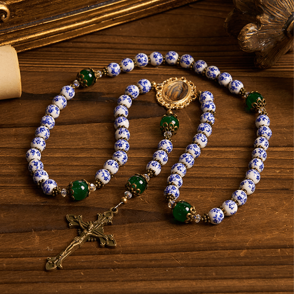 Christianartworkshop Divine Serenity Handmade Floral Rosary: Our Lady of Guadalupe & Crucifix of 8mm Ceramics&Jade