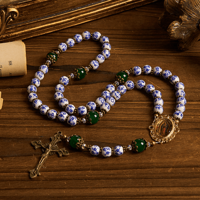 Christianartworkshop Divine Serenity Handmade Floral Rosary: Our Lady of Guadalupe & Crucifix of 8mm Ceramics&Jade