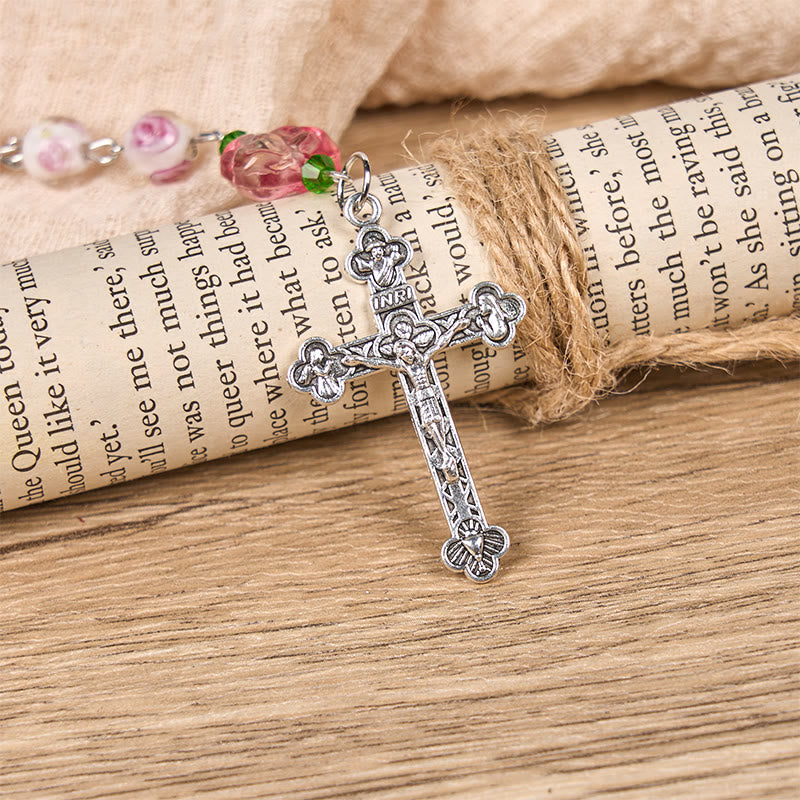 Christianartworkshop St. Therese Medal & Crucifix of 8mm Rose & Ivory Floral Elegance Rosary—Embrace the Grace and Beauty of Faith