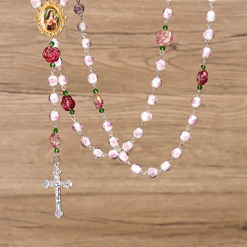 Christianartworkshop St. Therese Medal & Crucifix of 8mm Rose & Ivory Floral Elegance Rosary—Embrace the Grace and Beauty of Faith