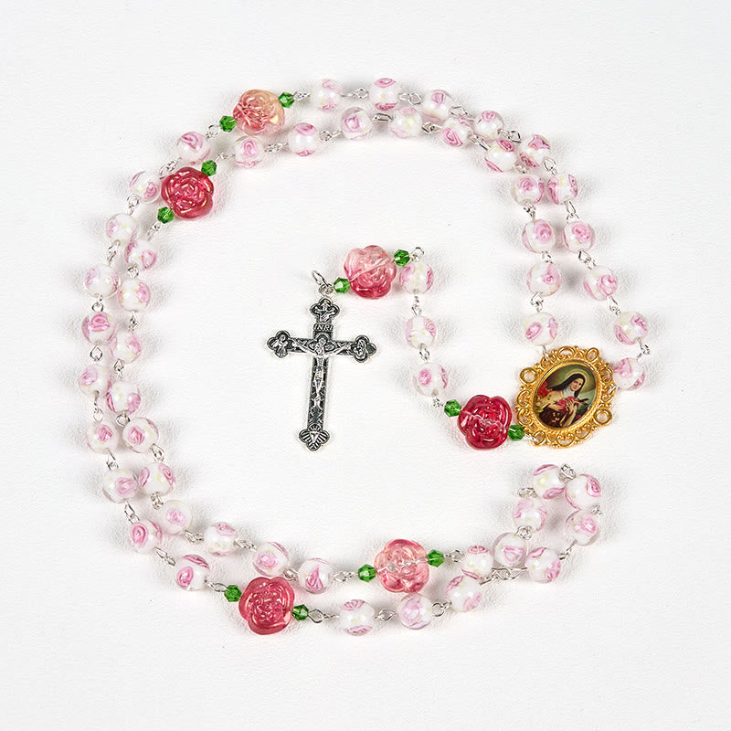 Christianartworkshop St. Therese Medal & Crucifix of 8mm Rose & Ivory Floral Elegance Rosary—Embrace the Grace and Beauty of Faith