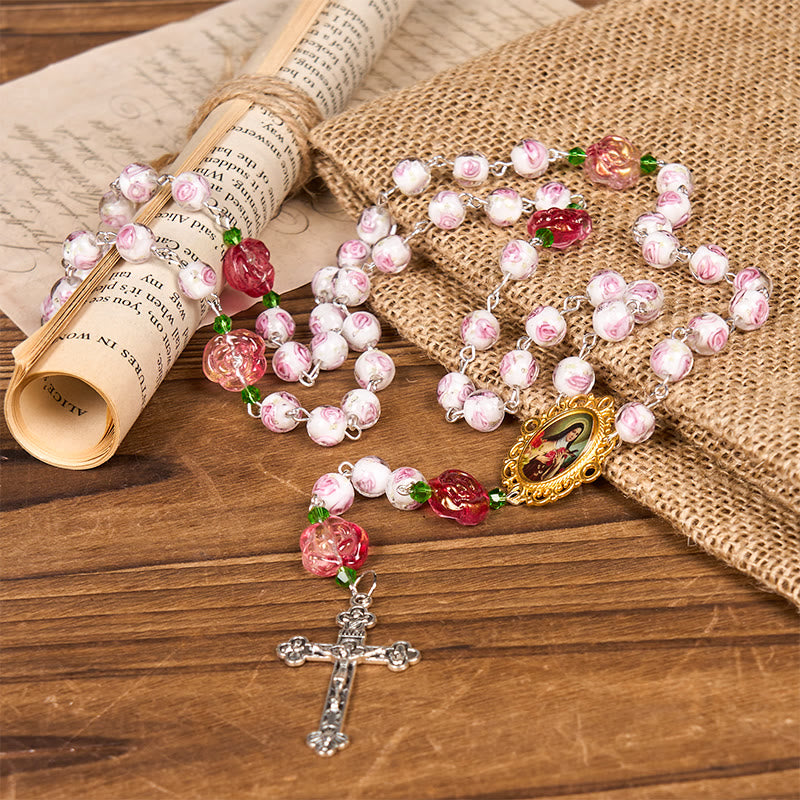 Christianartworkshop St. Therese Medal & Crucifix of 8mm Rose & Ivory Floral Elegance Rosary—Embrace the Grace and Beauty of Faith