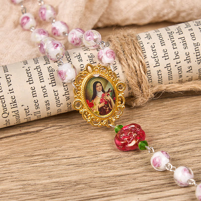 Christianartworkshop St. Therese Medal & Crucifix of 8mm Rose & Ivory Floral Elegance Rosary—Embrace the Grace and Beauty of Faith