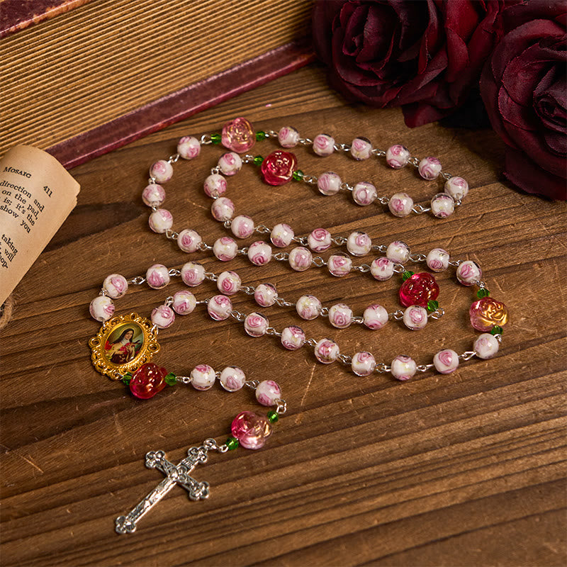 Christianartworkshop St. Therese Medal & Crucifix of 8mm Rose & Ivory Floral Elegance Rosary—Embrace the Grace and Beauty of Faith