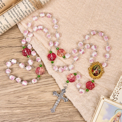 Christianartworkshop St. Therese Medal & Crucifix of 8mm Rose & Ivory Floral Elegance Rosary—Embrace the Grace and Beauty of Faith