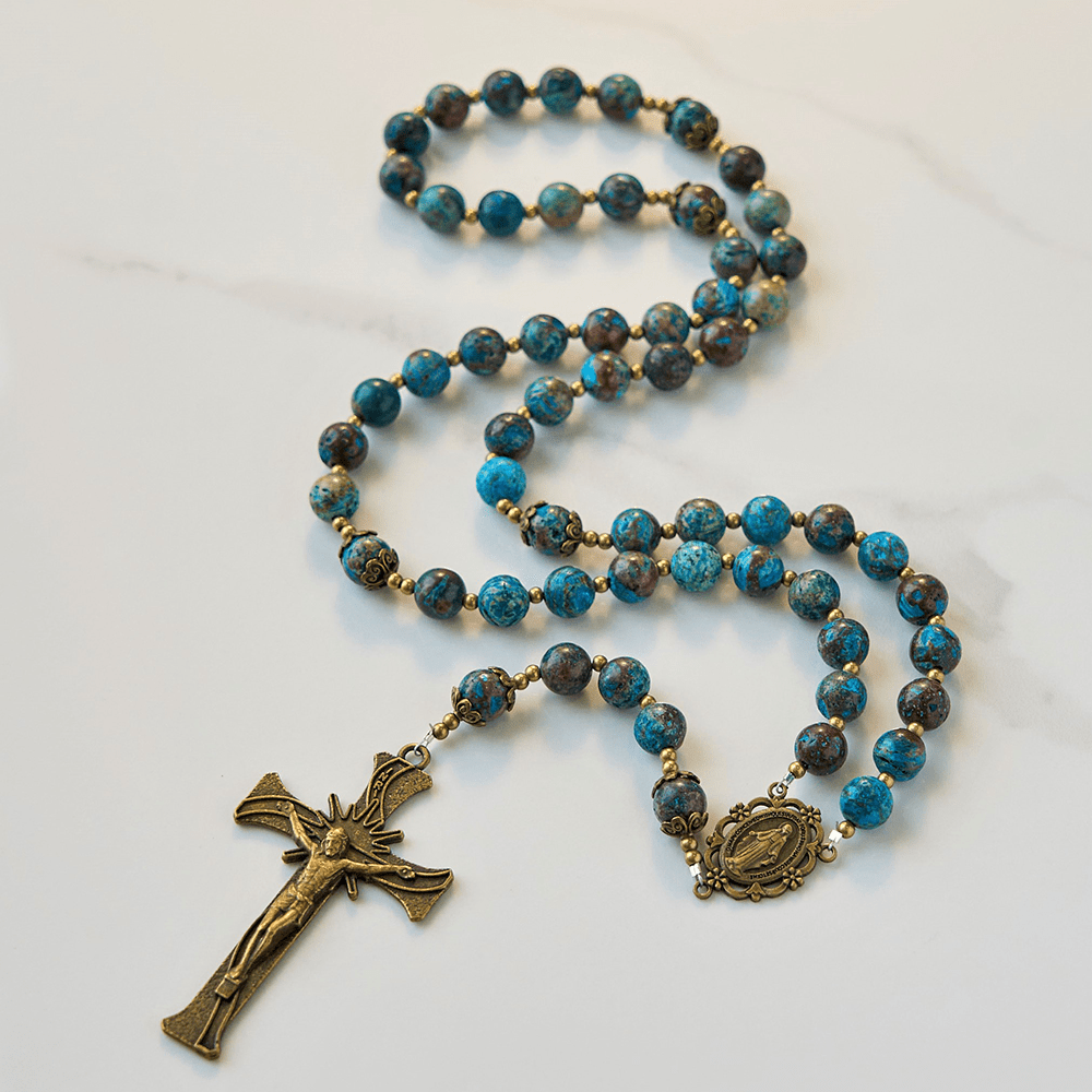 Christianartworkshop Blue Pattern Beads Handmade Rosary: Miraculous Medal & Crucifix of 8mm Authentic Larimar Stone