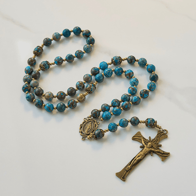 Christianartworkshop Blue Pattern Beads Handmade Rosary: Miraculous Medal & Crucifix of 8mm Authentic Larimar Stone