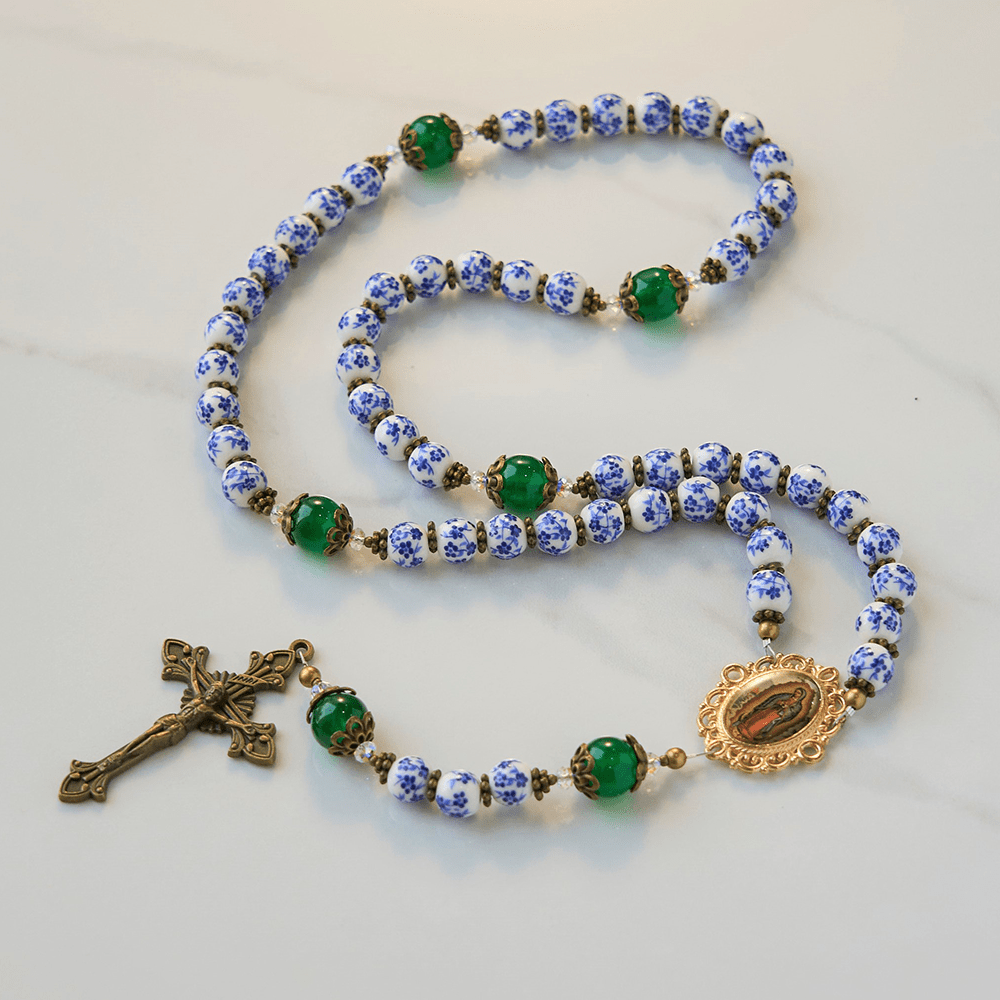 Christianartworkshop Divine Serenity Handmade Floral Rosary: Our Lady of Guadalupe & Crucifix of 8mm Ceramics&Jade