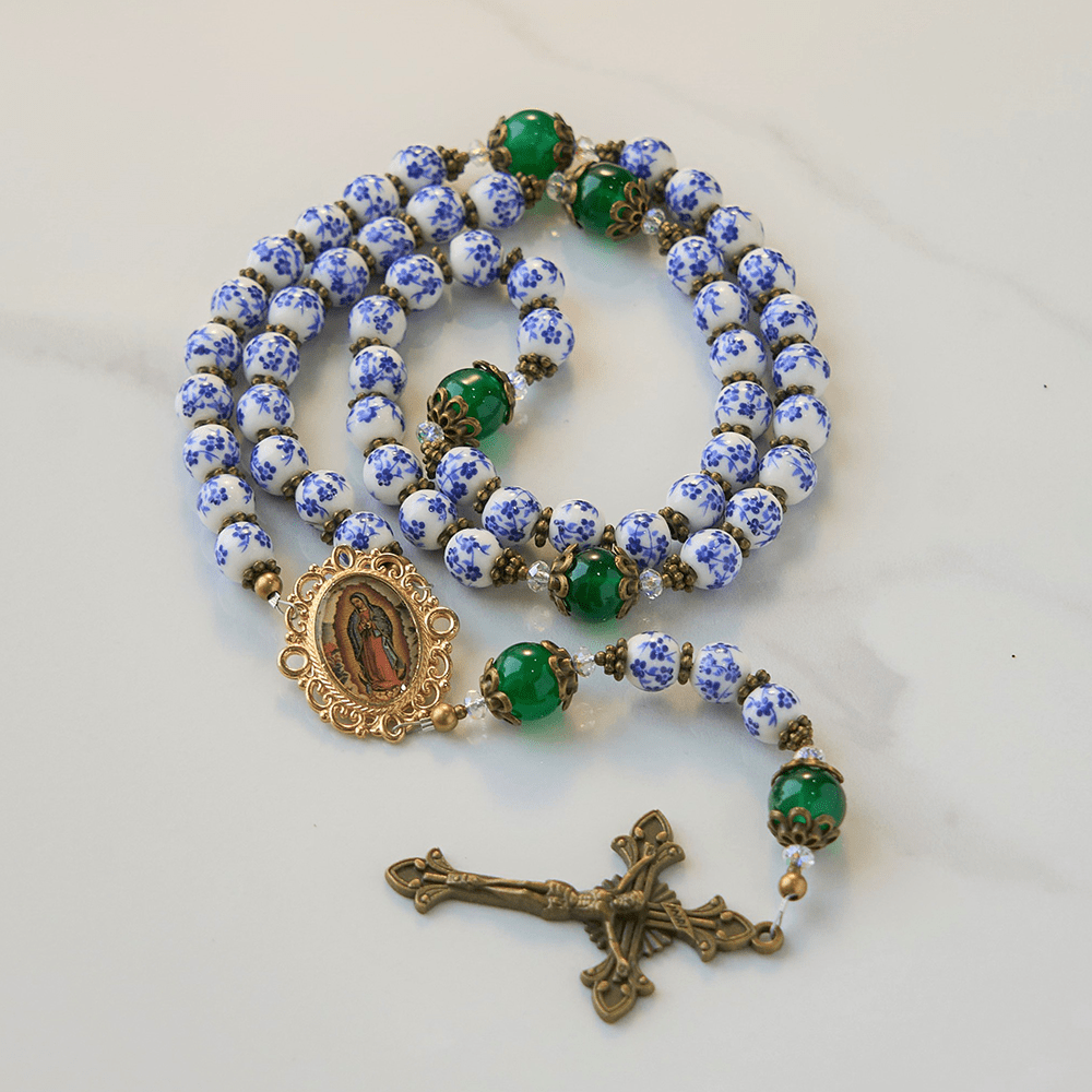 Christianartworkshop Divine Serenity Handmade Floral Rosary: Our Lady of Guadalupe & Crucifix of 8mm Ceramics&Jade