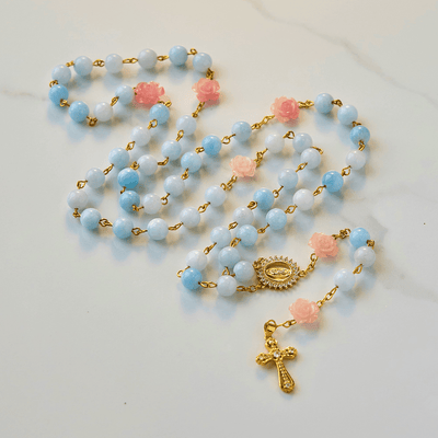 Christianartworkshop Our Lady of Guadalupe & Crucifix of 8mm Handmade Blue Aquamarine Chalcedony Beads Rosary