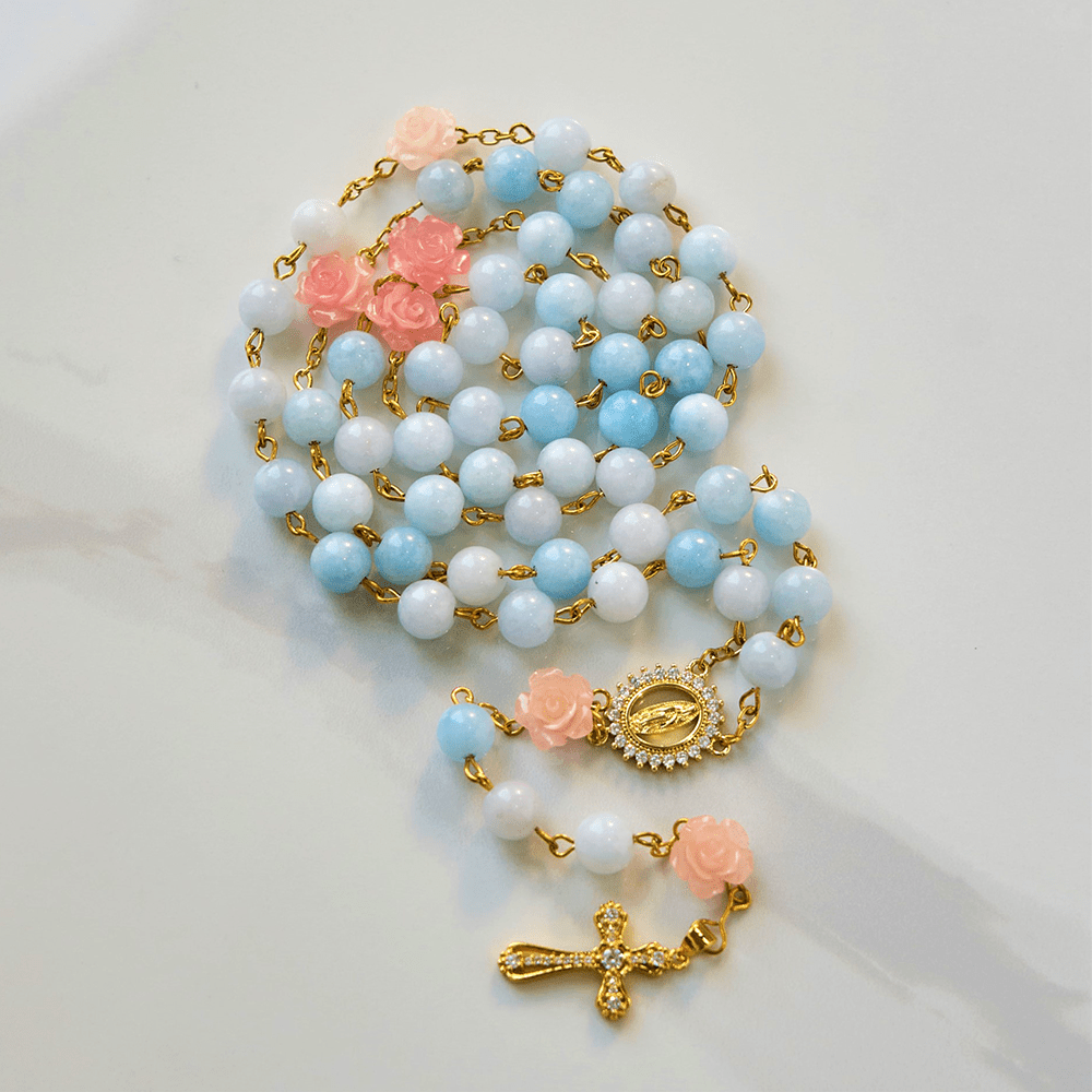 Christianartworkshop Our Lady of Guadalupe & Crucifix of 8mm Handmade Blue Aquamarine Chalcedony Beads Rosary