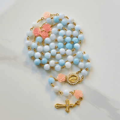 Christianartworkshop Our Lady of Guadalupe & Crucifix of 8mm Handmade Blue Aquamarine Chalcedony Beads Rosary