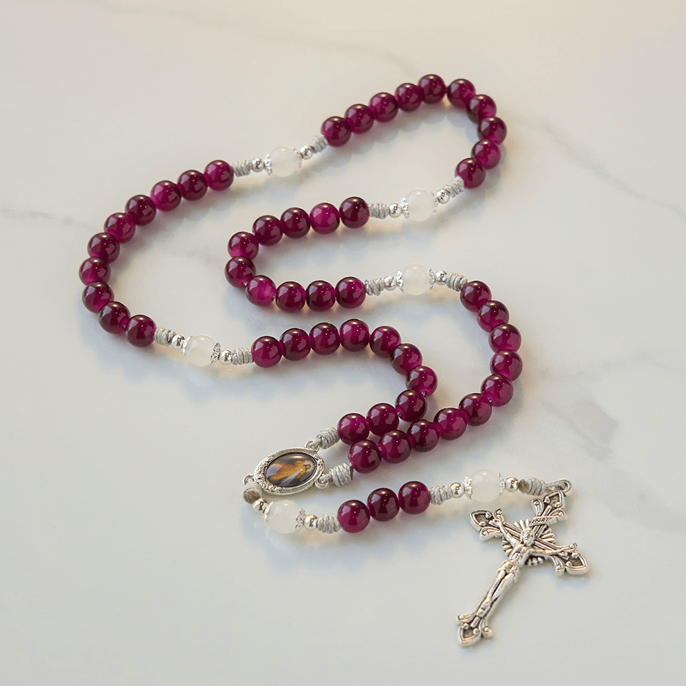 Christianartworkshop Divine Mercy & Crucifix of 8mm Garnet Chalcedony Rosary - Handmade Divine Beads