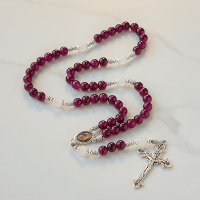 FREE Today: Divine Mercy & Crucifix of 8mm Garnet Chalcedony Rosary - Handmade Divine Beads