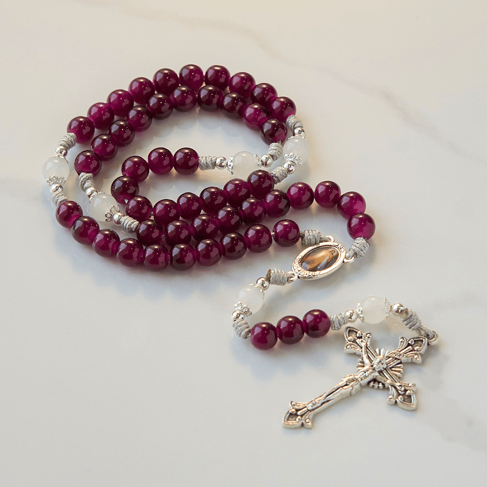 FREE Today: Divine Mercy & Crucifix of 8mm Garnet Chalcedony Rosary - Handmade Divine Beads