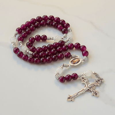 FREE Today: Divine Mercy & Crucifix of 8mm Garnet Chalcedony Rosary - Handmade Divine Beads