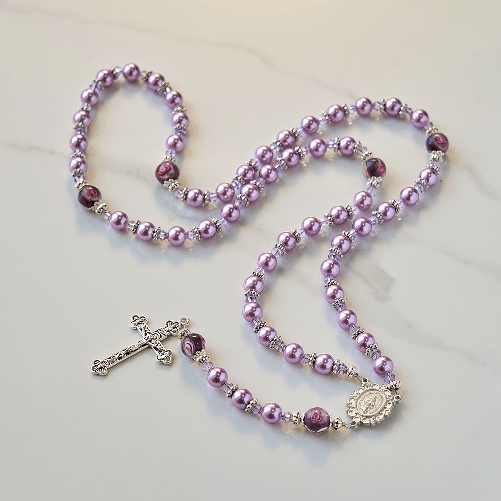 Christianartworkshop Miraculous Medal & Crucifix 8mm Purple Pearl & Crystal Handmade Rosary - Sacred Beads for Holy Prayer