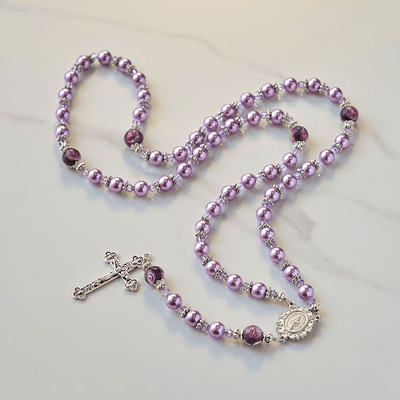 Christianartworkshop Miraculous Medal & Crucifix 8mm Purple Pearl & Crystal Handmade Rosary - Sacred Beads for Holy Prayer