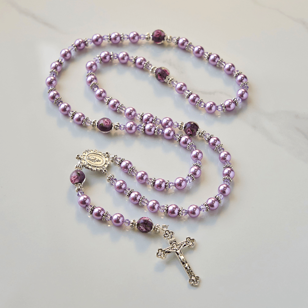 Christianartworkshop Miraculous Medal & Crucifix 8mm Purple Pearl & Crystal Handmade Rosary - Sacred Beads for Holy Prayer