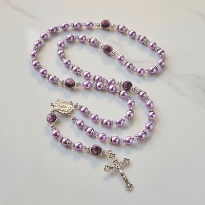 Christianartworkshop Miraculous Medal & Crucifix 8mm Purple Pearl & Crystal Handmade Rosary - Sacred Beads for Holy Prayer